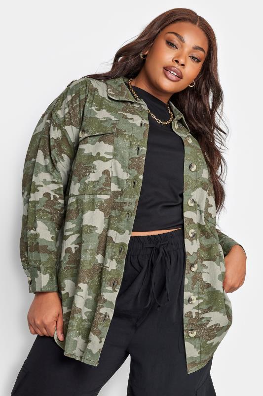 LIMITED COLLECTION Plus Size Green Camo Print Utility Shacket | Yours Clothing 1