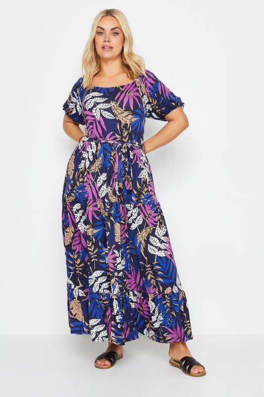 YOURS Plus Size Navy Blue Leaf Print Tiered Maxi Dress | Yours Clothing 1