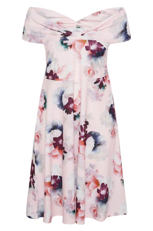 YOURS LONDON Plus Size Pink Floral Bow Bardot Skater Dress | Yours Clothing 6