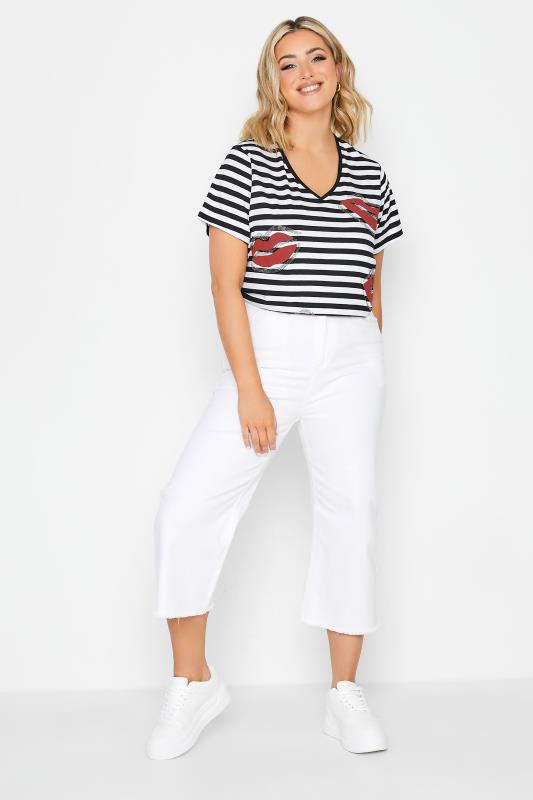 YOURS Plus Size Black Stripe Lips Printed T-Shirt | Yours Clothing 2