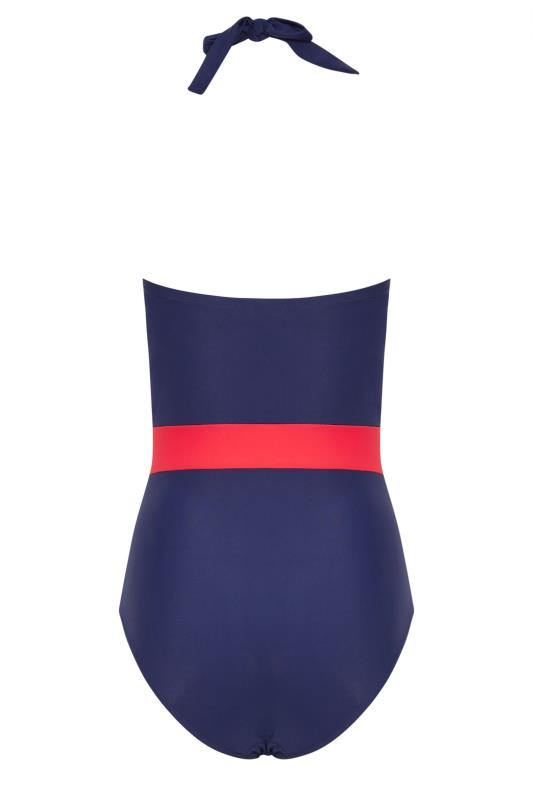 LTS Tall Womens Navy Blue Colourblock Halter Neck Swimsuit | Long Tall Sally 7