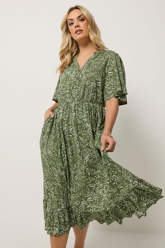 YOURS Plus Size Khaki Green Floral Midi Dress | Yours Clothing 1