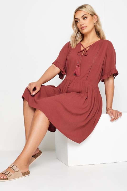 YOURS Plus Size Red Crinkle Tie Neck Dress | Yours Clothing 4