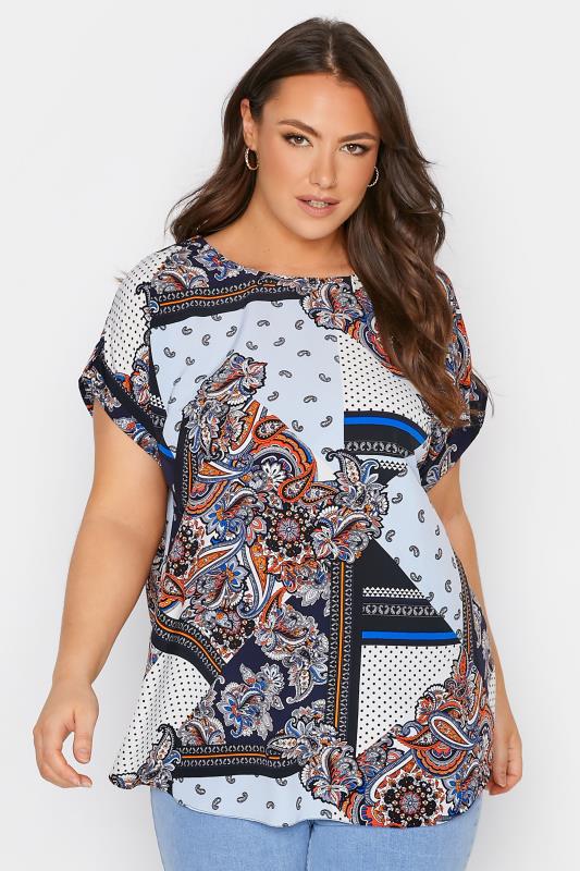 Plus Size Blue Paisley Print Short Sleeve Top | Yours Clothing  1
