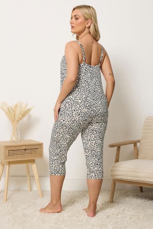 YOURS Plus Size Ivory White Leopard Soft Touch Cropped Pyjama Set | Yours Clothing 2
