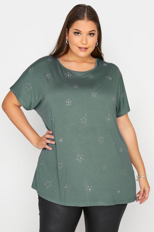 Plus Size  YOURS Curve Green Diamante Star Print T-Shirt