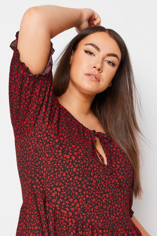 YOURS Plus Size Red Ditsy Floral Print Textured Smock Dress | Yours Clothing 4