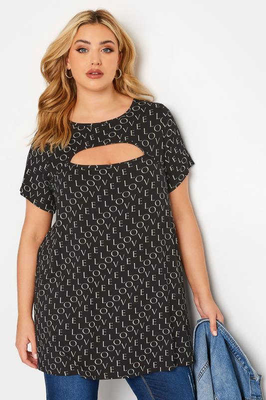 Plus Size Black 'Love' Print Cut Out Top | Yours Clothing  1