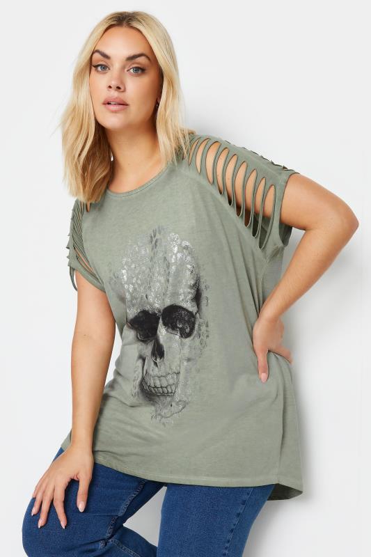 YOURS Plus Size Green Foil Skull Print T-Shirt | Yours Clothing 4