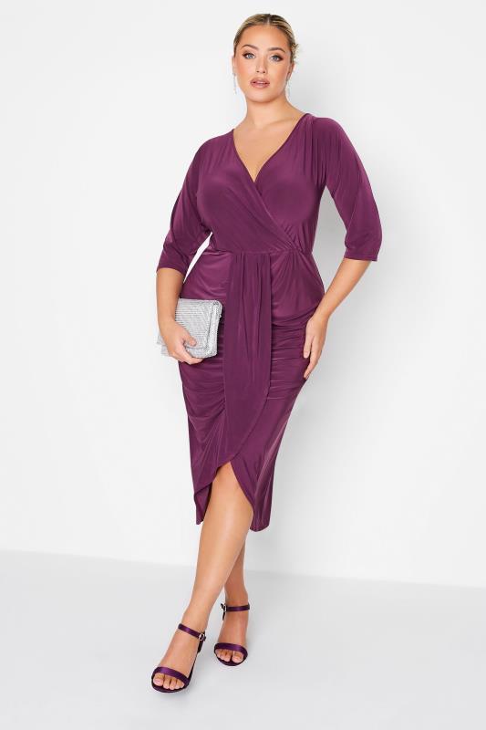 Grande Taille YOURS LONDON Curve Purple Ruffle Wrap Bodycon Dress