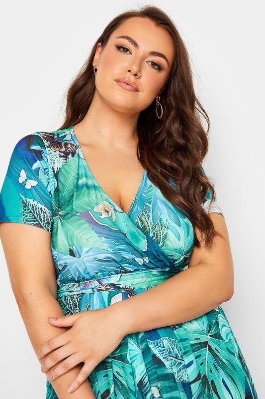 YOURS Plus Size Blue Leaf Print Wrap Neck Dress | Yours Clothing 4