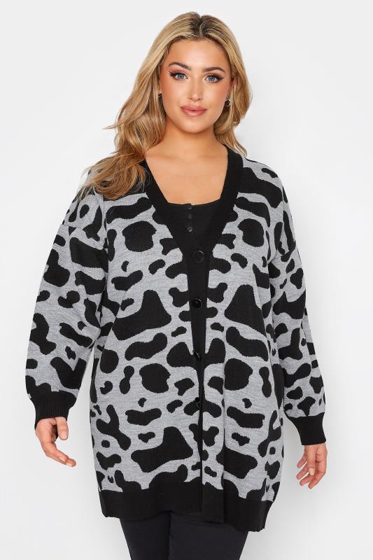 Plus Size Curve Black & Grey Cow Print Knitted Cardigan | Yours Clothing 2