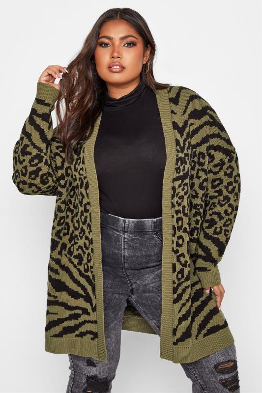 Plus Size Curve Khaki Green Animal Knitted Cardigan | Yours Clothing 1