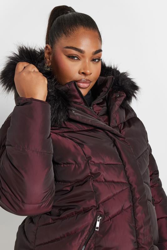 YOURS Plus Size Burgundy Red Faux Fur Trim Puffer Coat | Yours Clothing