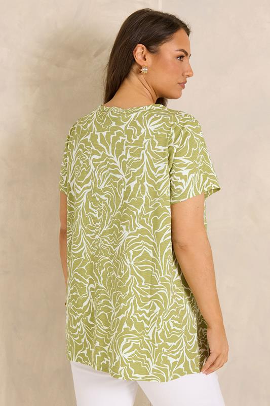 EVANS Plus Size Green Abstract Print Cotton Henley Top | Evans 2