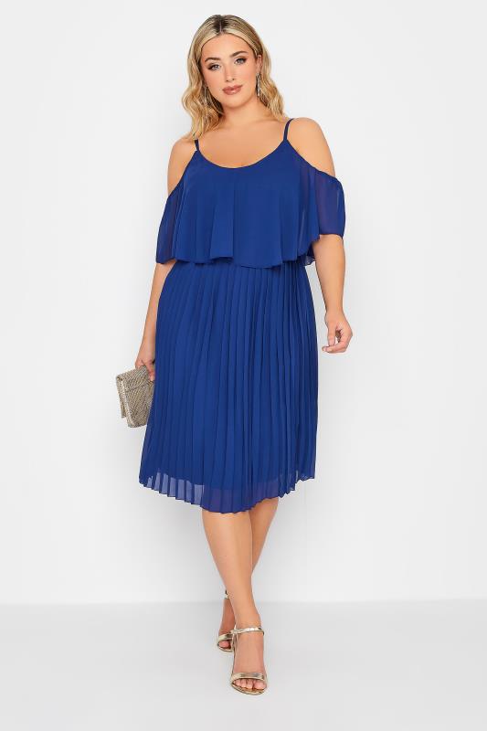 YOURS LONDON Plus Size Cobalt Blue Pleated Overlay Midi Dress | Yours Clothing 3