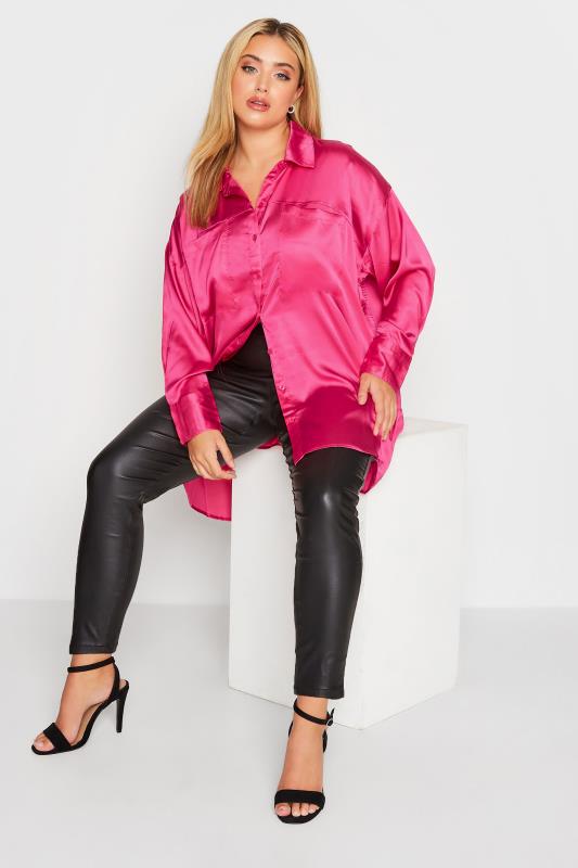 LIMITED COLLECTION Plus Size Hot Pink Satin Shirt | Yours Clothing 2