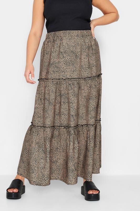 Plus Size  YOURS PETITE Curve Brown Animal Print Tiered Maxi Skirt