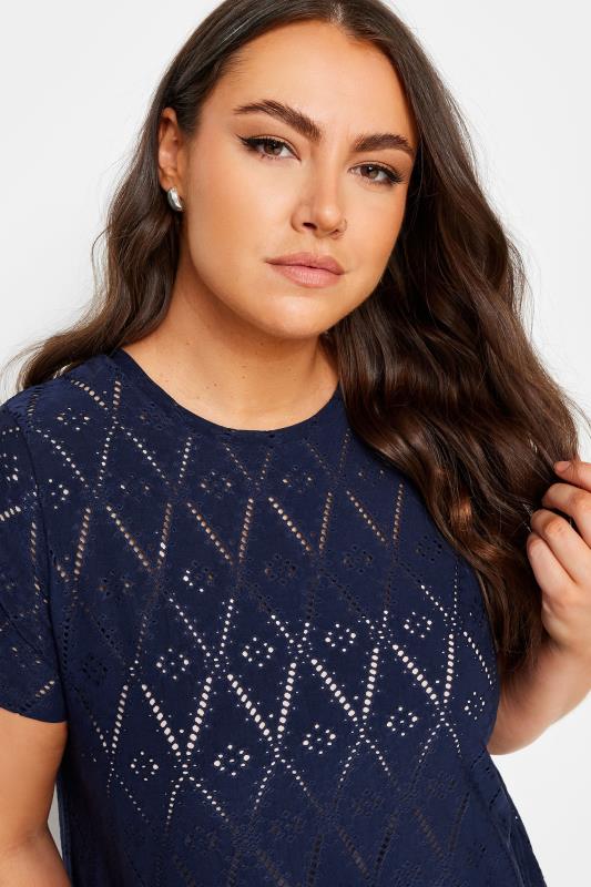 YOURS Plus Size Navy Blue Broderie Anglaise Swing T-Shirt | Yours Clothing 4