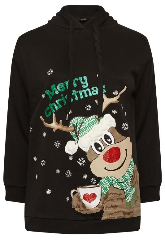 Plus Size Black Reindeer Print Christmas Novelty Hoodie | Yours Clothing 6