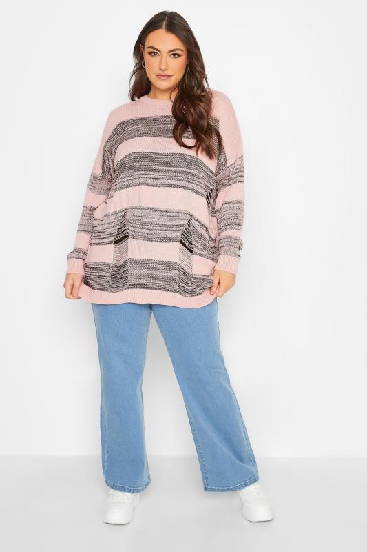 YOURS Plus Size Curve Light Pink Stripe Distressed Jumper | Yours Clothing  2