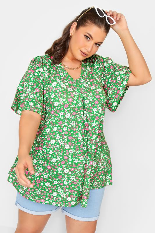 YOURS Curve Plus Size Green Floral Ditsy Top | Yours Clothing  1