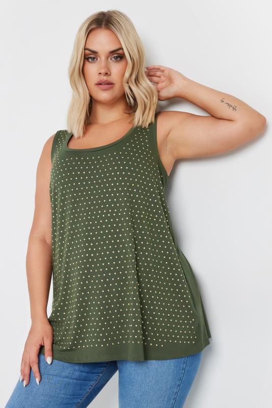 YOURS Curve Khaki Green Studded Vest Top | Yours Clothing 2