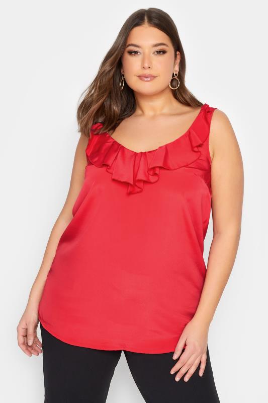 YOURS LONDON Plus Size Red Ruffle V-Neck Vest Top | Yours Clothing 2