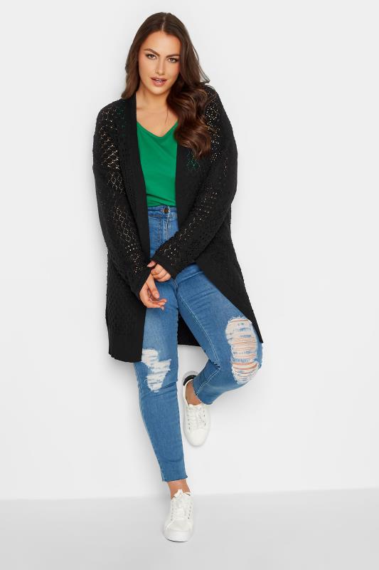 YOURS Plus Size Black Pointelle Longline Cardigan | Yours Clothing 2