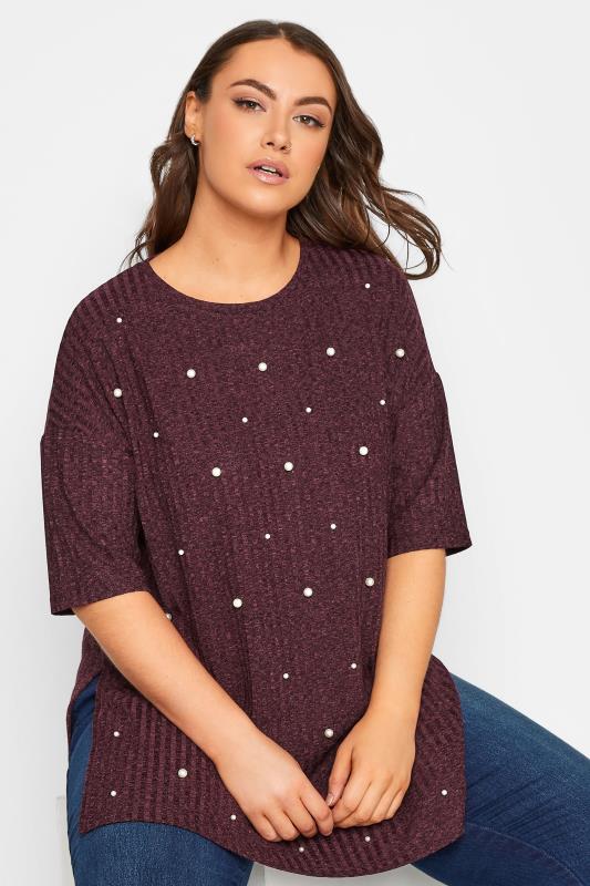 Curve Plus Size Red Pearl Embellished Split Hem Knit Top | Yours Clothing  4