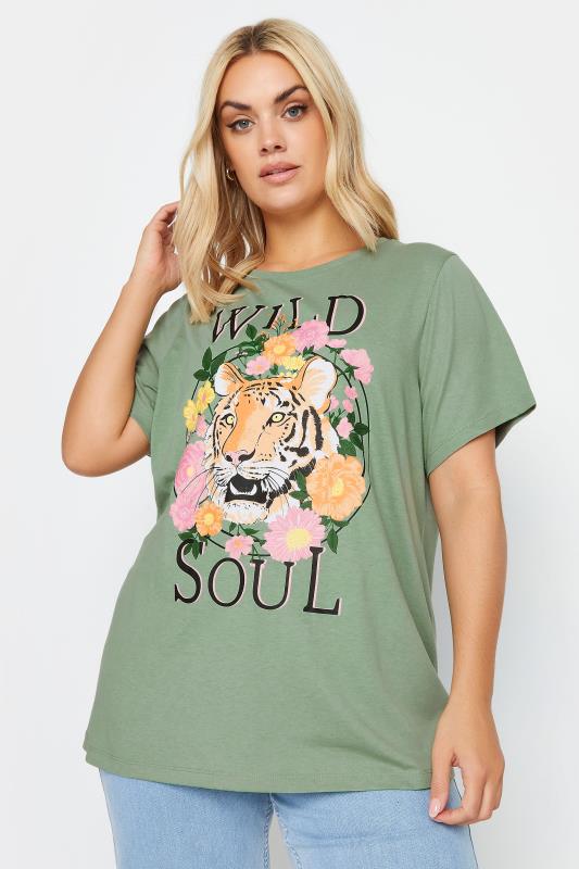 Plus Size  YOURS Curve Green 'Wild Soul' Print T-Shirt