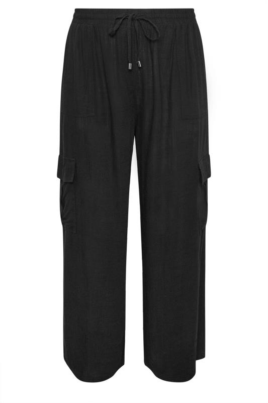 YOURS Plus Size Black Linen Wide Leg Cargo Trousers | Yours Clothing 5