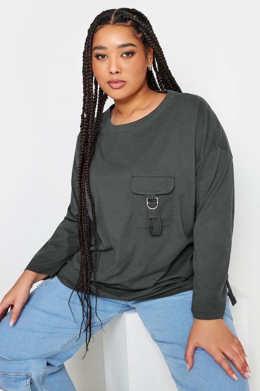 LIMITED COLLECTION Plus Size Charcoal Grey Utility Pocket Long Sleeve T-Shirt | Yours Clothing 4