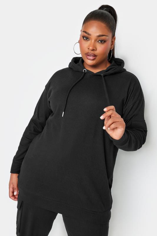 YOURS Plus Size Black Ribbed Cargo Hoodie | Yours Clothing 2