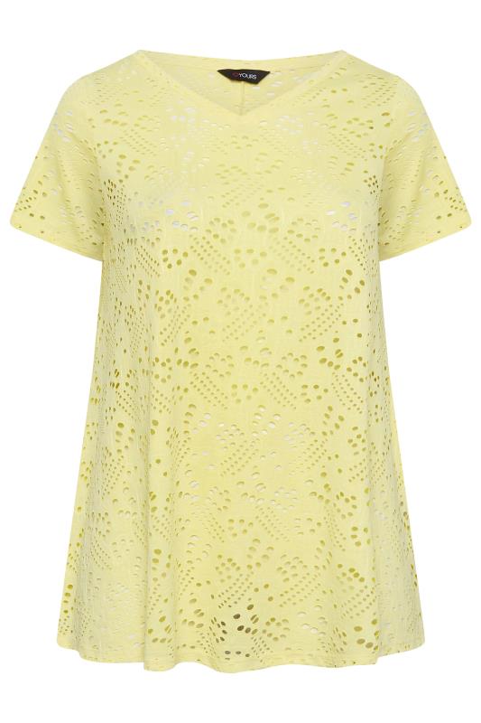 YOURS Curve Plus Size Yellow Broderie Anglaise Swing V-Neck T-Shirt | Yours Clothing  6