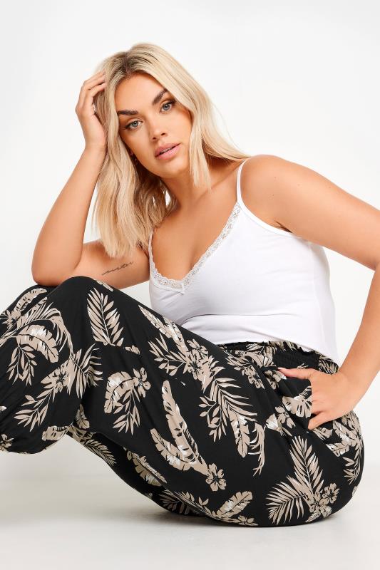 YOURS Plus Size Black Leaf Print Shirred Harem Trousers | Yours Clothing 4