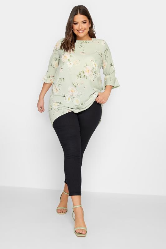 YOURS LONDON Plus Size Curve Light Green Floral Tunic Top | Yours Clothing  2