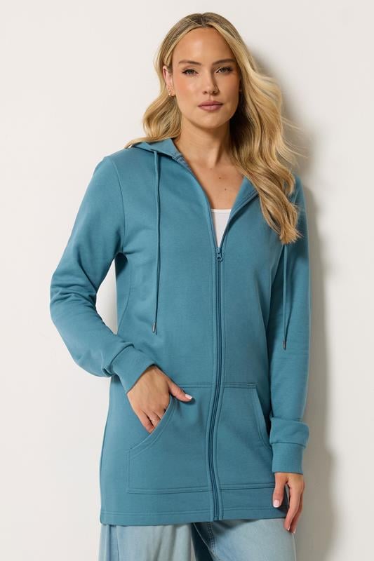 LTS Tall Women's Teal Blue Cotton Longline Zip Hoodie | Long Tall Sally 1