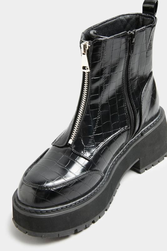 Black Croc Leather Look Zip Chunky Boots In Wide Fit | Yours Clothing 5