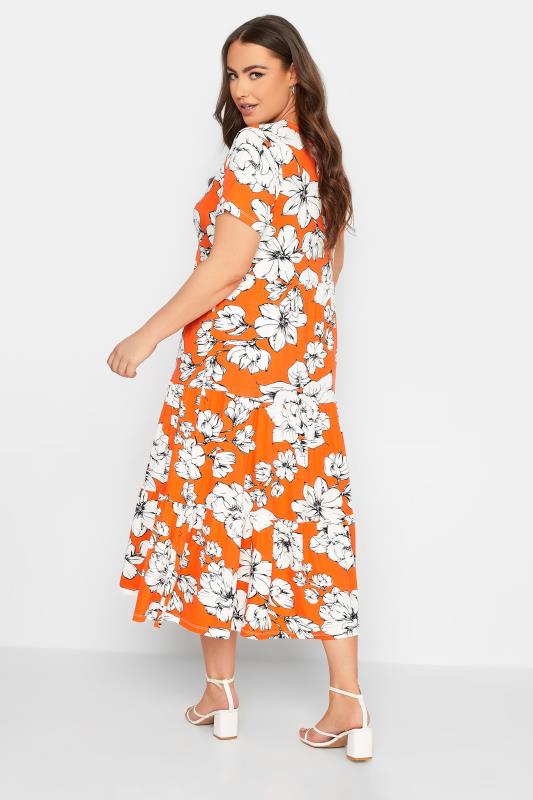 YOURS Plus Size Orange Floral V-Neck Tiered Wrap Dress | Yours Clothing 3