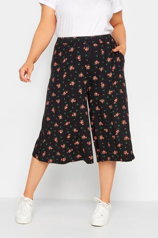 YOURS Plus Size Black Rose Print Stretch Jersey Culottes | Yours Clothing 1