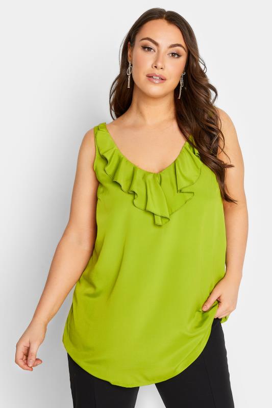 YOURS LONDON Plus Size Green Ruffle V-Neck Vest Top | Yours Clothing 4