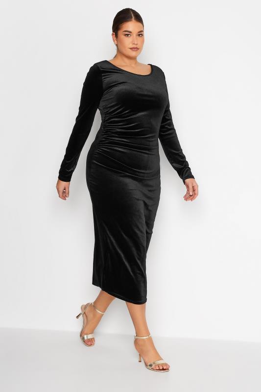 LTS Tall Women's Black Ruched Velvet Midi Dress | Long Tall Sally 2