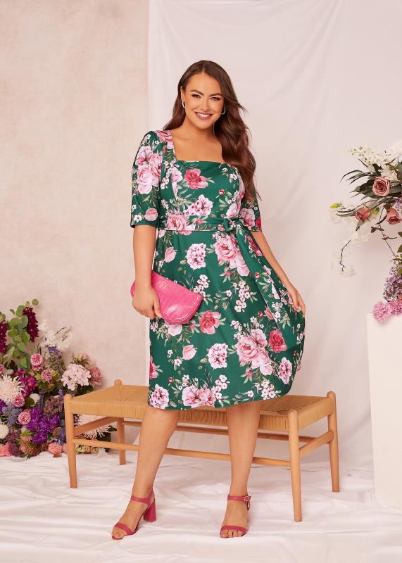 YOURS LONDON Plus Size Green Floral Square Neck Dress | Yours Clothing 5