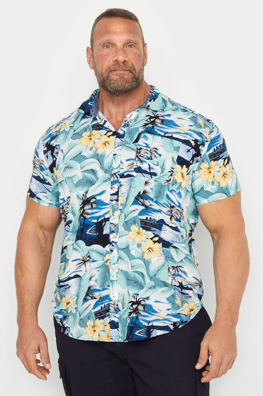 BLEND Big & Tall Blue Beach Print Short Sleeve Shirt | BadRhino 1