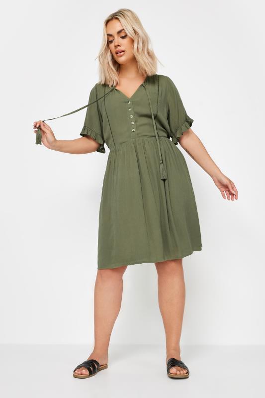 YOURS Plus Size Khaki Green Crinkle Tie Neck Dress | Yours Clothing 1
