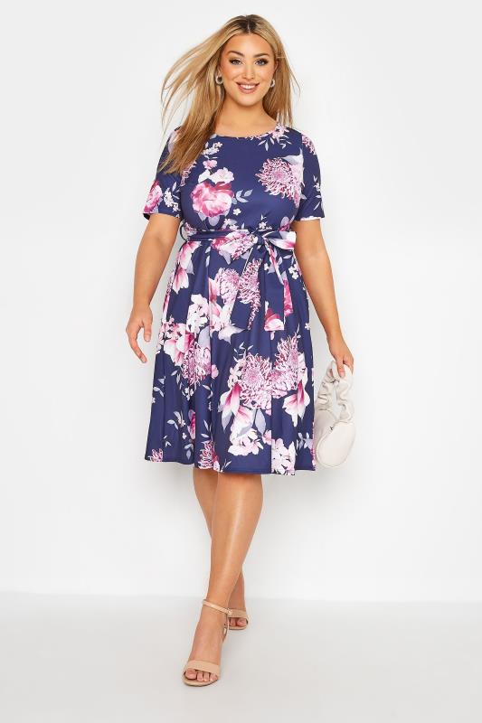 YOURS LONDON Plus Size Navy Blue Floral Print Midi Skater Dress | Yours Clothing 1