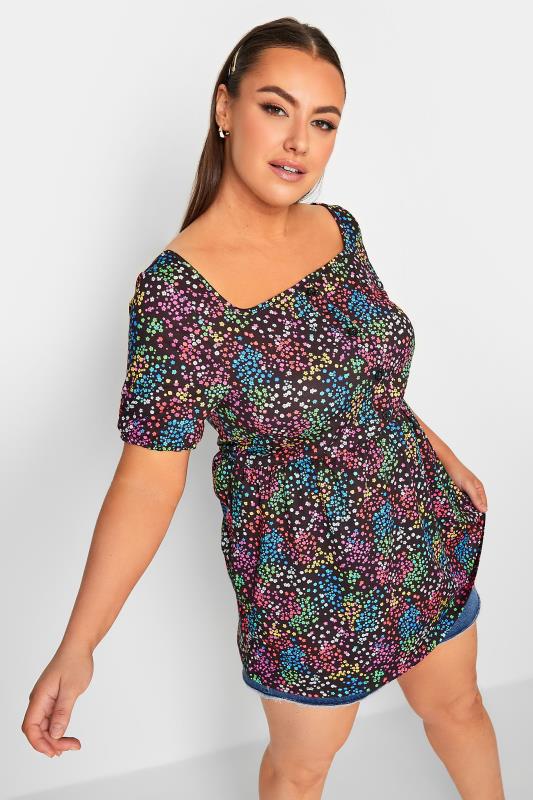 LIMITED COLLECTION Plus Size Black Ditsy Print Square Neck Top | Yours Clothing 1
