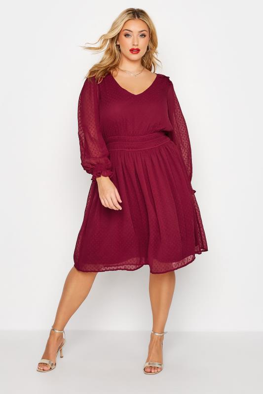 YOURS LONDON Curve Red Dobby Ruffle Shoulder Dress 2