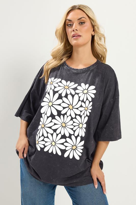 YOURS Plus Size Grey Acid Wash Boxy Daisy Print T-Shirt | Yours